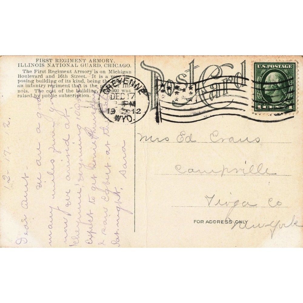 Vintage 1912 First Regiment Armory Illinois National Guard Chicago Postcard - Picture 2 of 2